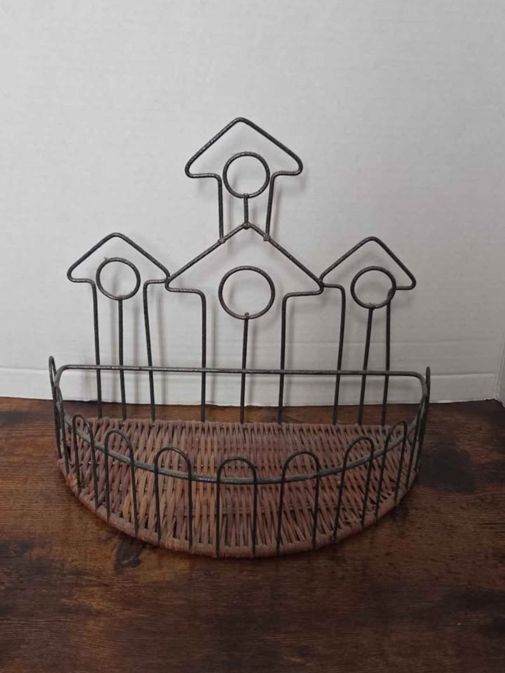 Rustic Brown Wicker & Metal Wall Basket with Birdhouse Accent